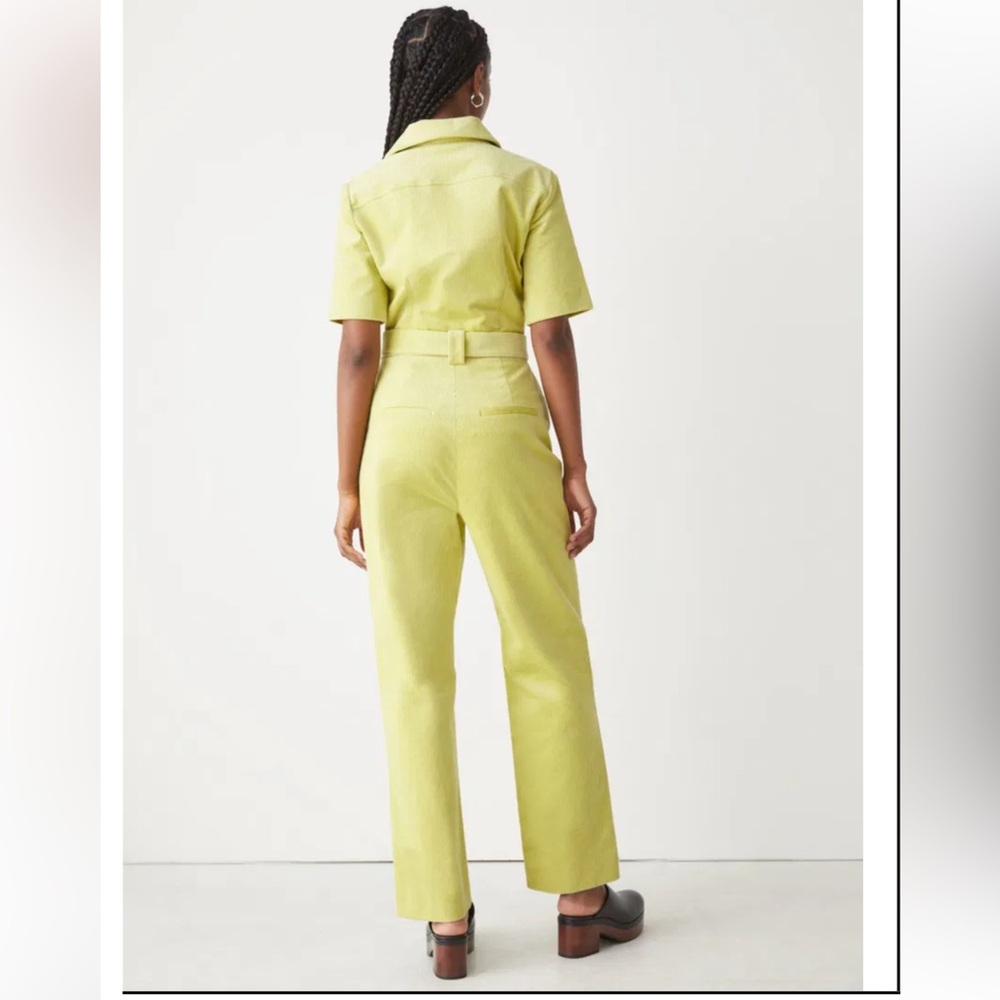 Preloved & OTHER STORIES Belted Short Sleeve Green Corduroy Jumpsuit Size 4 - Picture 3 of 7